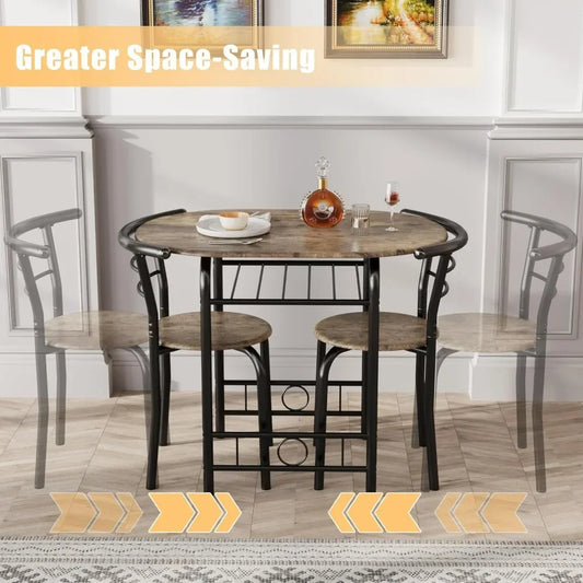 Space-Saving Kitchen Breakfast Nook Set – Round Wood Grain Table & Chairs with Metal Frame
