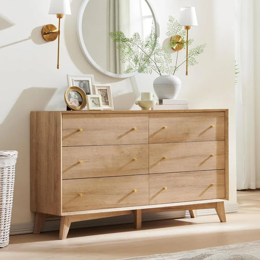 6 Drawer Mid-Century Modern Dresser – 54" Wide with Beveled Profile