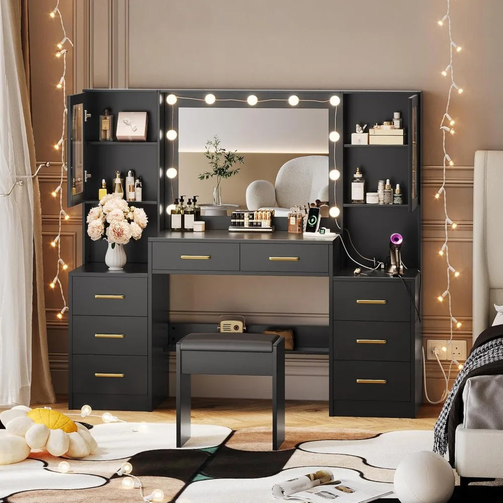 Black Vanity Desk with Mirror, Lights & Charging Station,  58.3" 3 Lighting Modes Makeup Desk