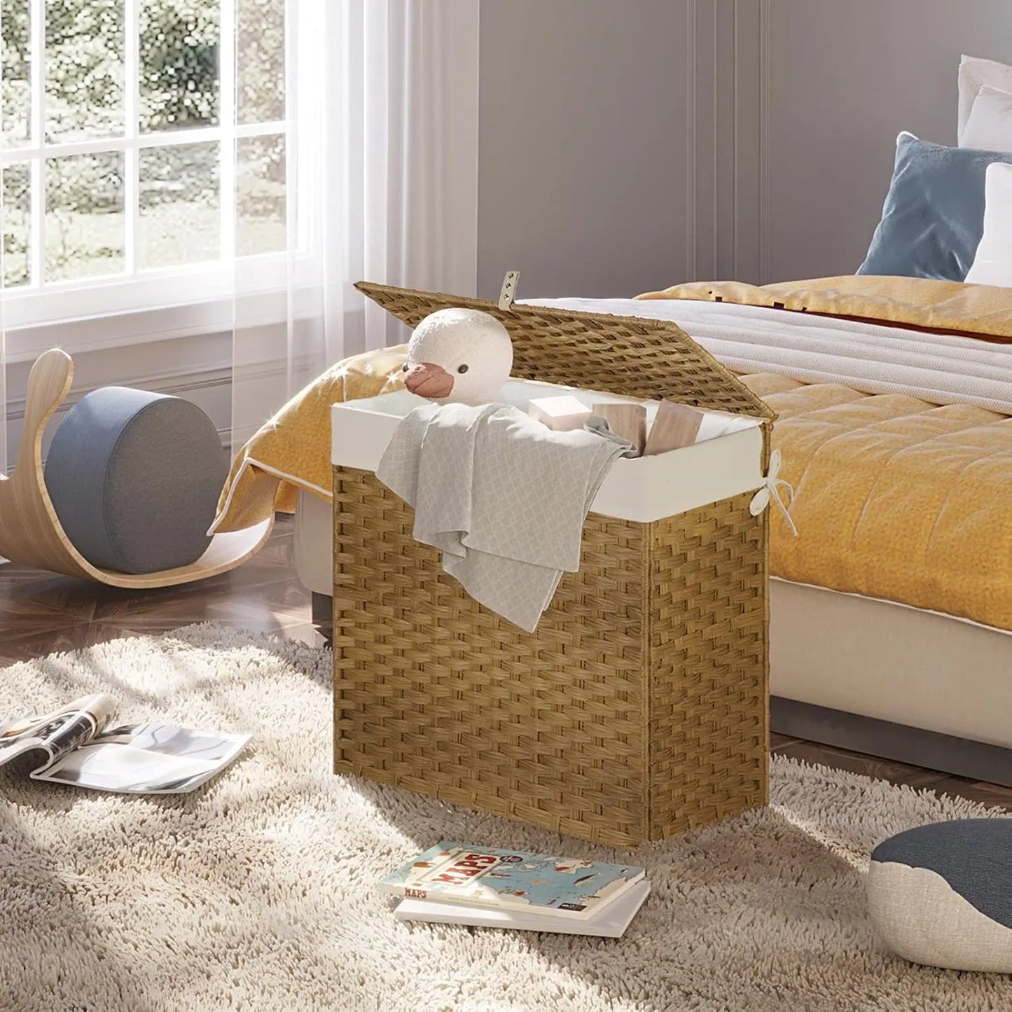 125L Laundry Hamper with Lid – 3-Section & 2-Section Removable Bags + 5 Mesh Bags, Handwoven