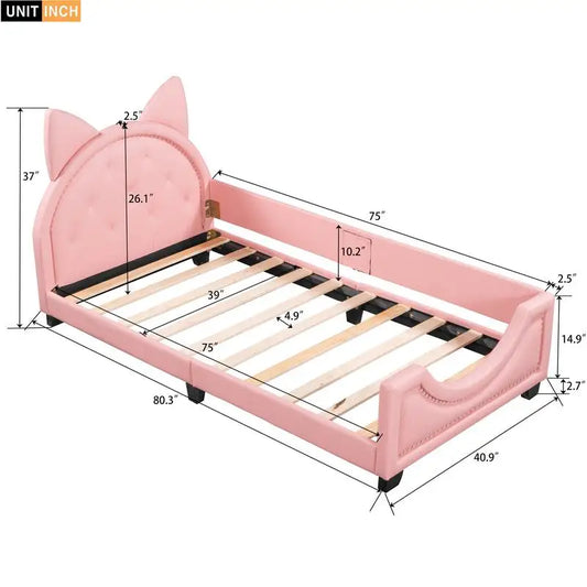 Pink Upholstered Twin Daybed with Ear-Shaped Headboard
