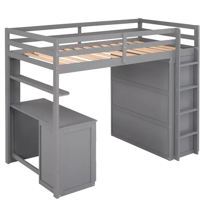 Gray Twin Loft Bed with Drawers, Desk & Wardrobe – Space-Saving Kids’ Bedroom Furniture