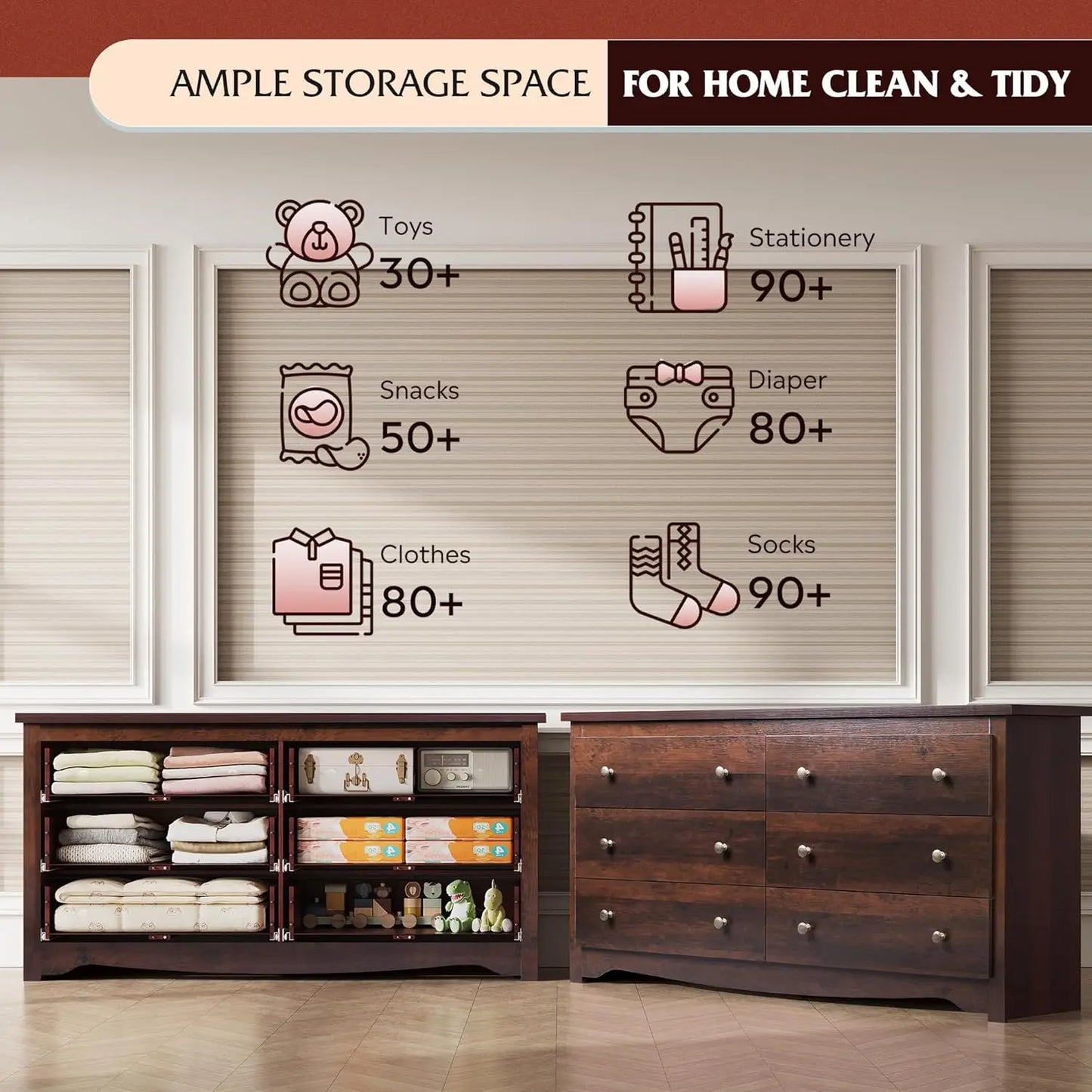 Wooden 6-Drawer Wide Dresser – Modern Chest & Closet Organizer