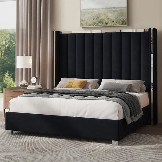 Velvet Upholstered Platform Bed – 58" Tall Wingback Headboard with Channel Tufted Design