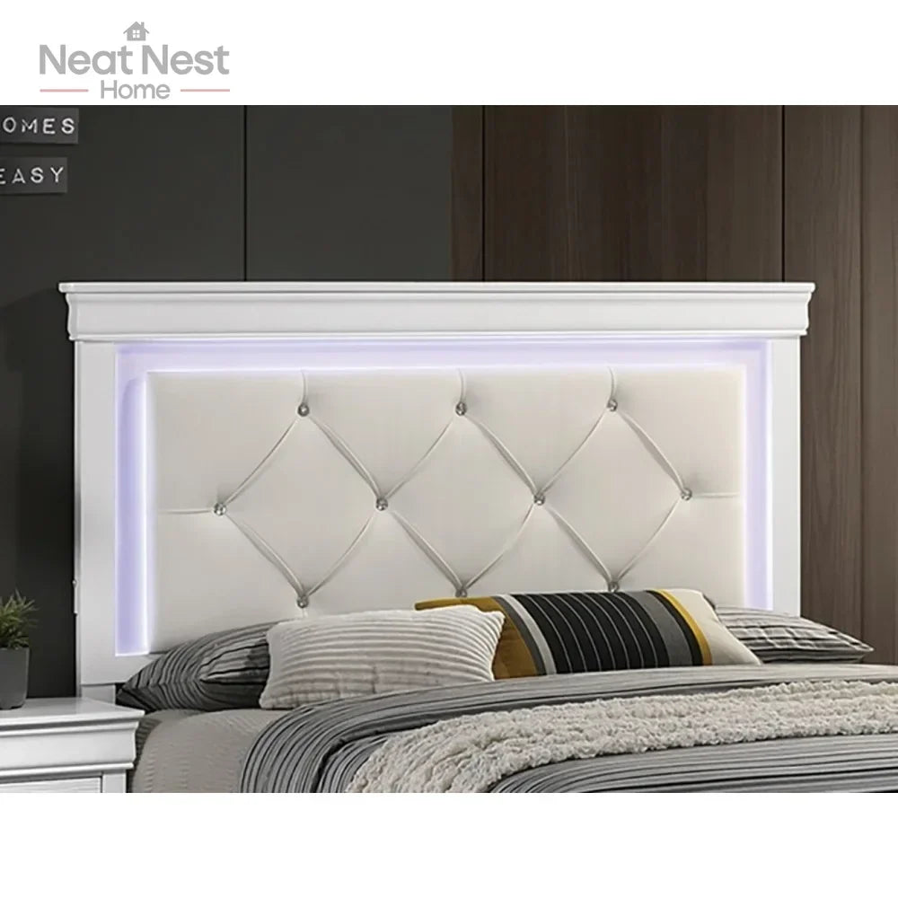 Queen Size White Faux Leather Bed Frame with Tufted LED Headboard & Solid Wood Base