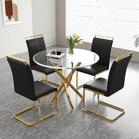 Glass Dining Table Set for 4 – 36" Round Silver Tempered Glass Table with 4 Black Faux Leather Chairs, Modern Kitchen & Home Office