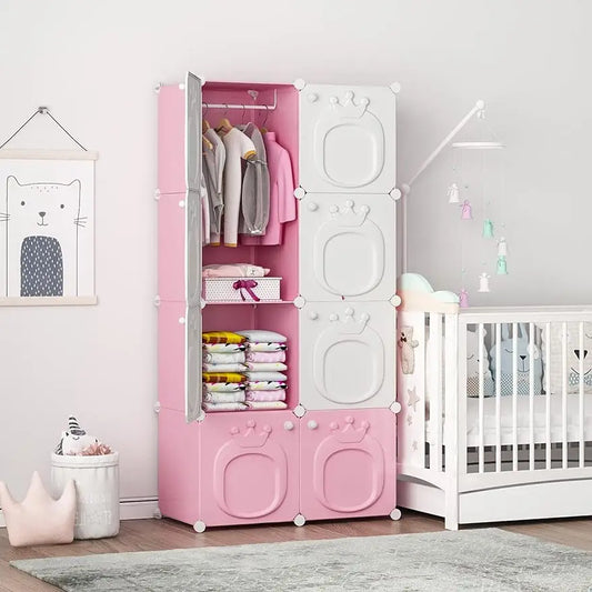 MAGINELS Kids Closet & Wardrobe – Pink 8-Cube Baby Dresser with Doors