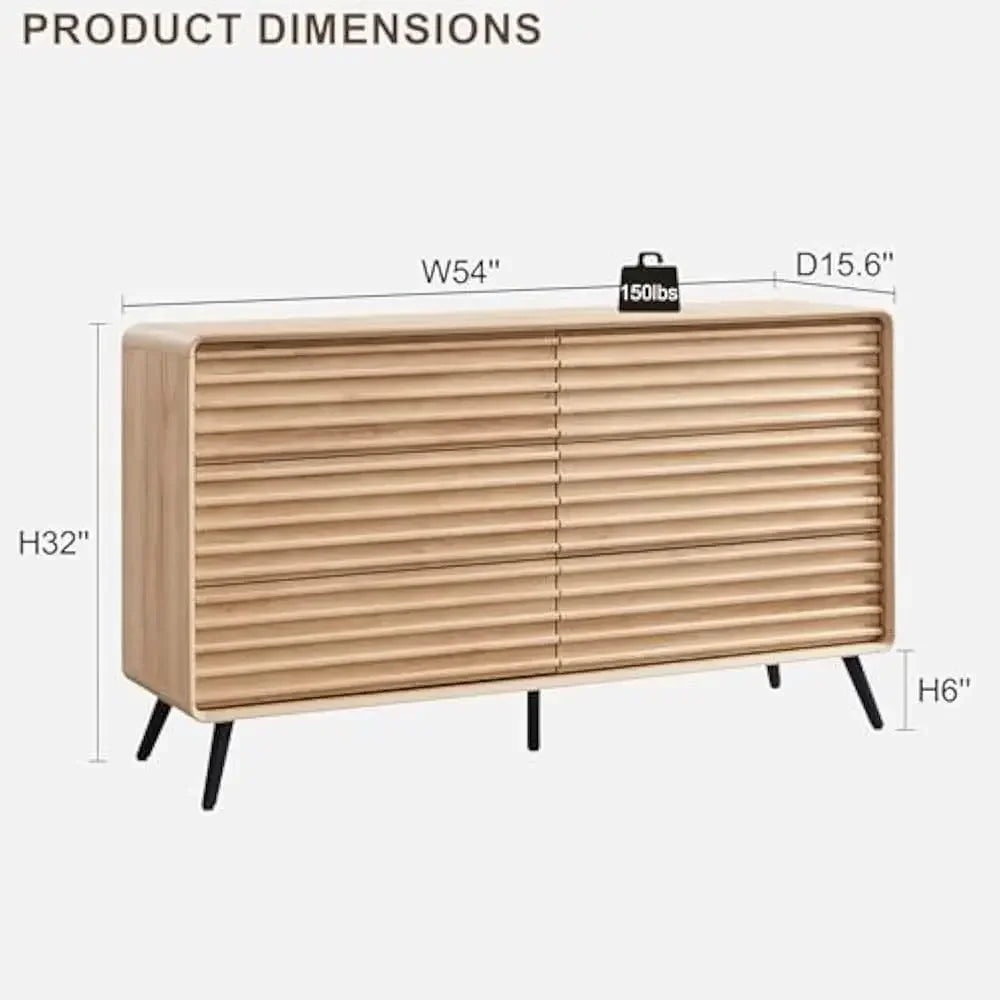 54" Wide Mid-Century Modern Fluted Double Dresser with Tapered Legs