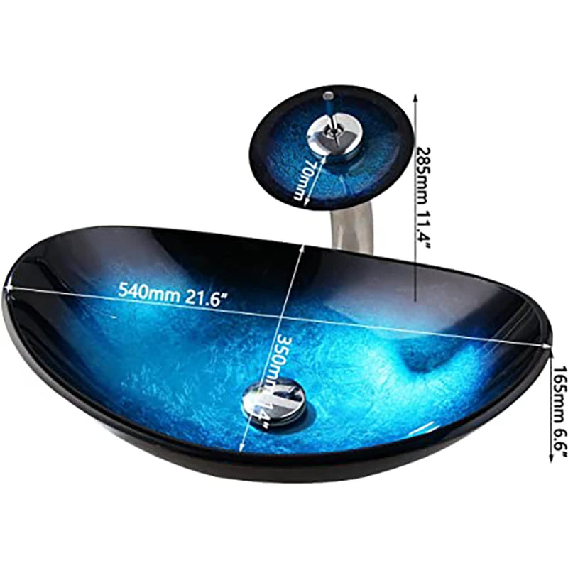 ZAPPO Blue Tempered Glass Vessel Sink – Oval Above-Counter Basin with Black Waterfall Faucet