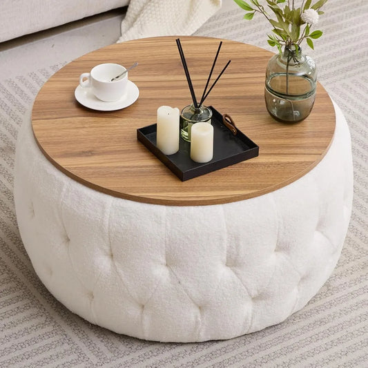 Round Storage Ottoman with Wooden Lid – Tufted Teddy Fabric Footrest, Stool & Coffee Table