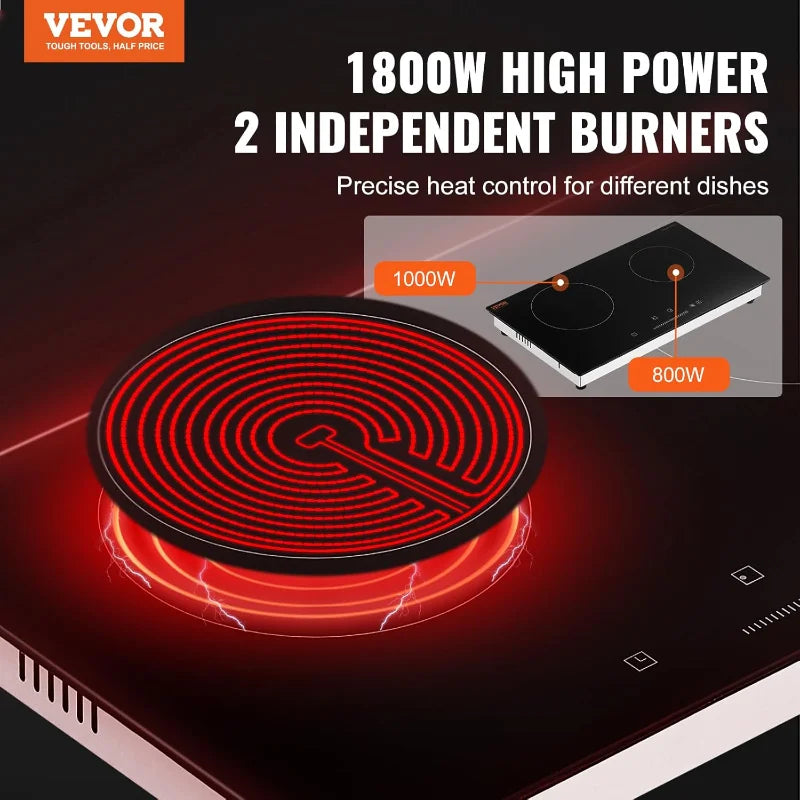 VEVOR 24" Electric Radiant Cooktop – 2-Burner Built-In Ceramic Glass Stove Top, 1800W