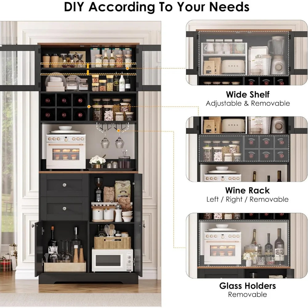 75" Coffee Bar Cabinet with Hutch – Pantry Storage Cabinet with Sliding Barn Door, Wine Rack & Shelves
