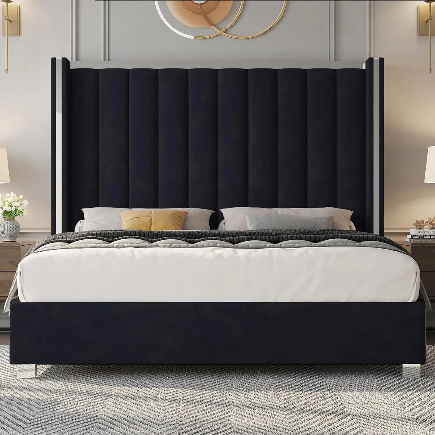 Velvet Upholstered Platform Bed with 58" Tall Channel Tufted Wingback Headboard & Plating Trim
