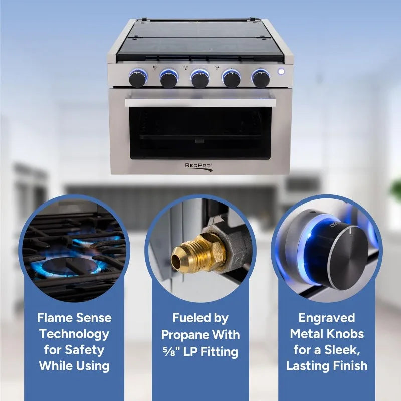 RecPro RV Stove – 17" Black Gas Range with 3 Burners (6,500 & 8,000 BTU) and 7,100 BTU Oven, 1.24 Cu. Ft. Capacity