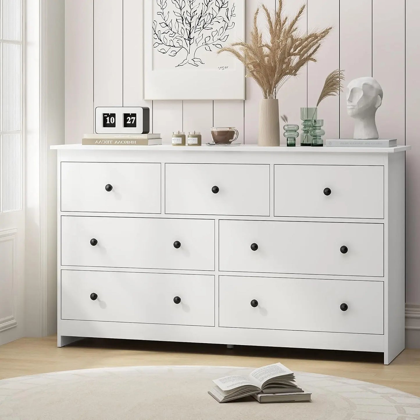 55" White 7-Drawer Dresser – Wooden Storage Chest with Gold Handles