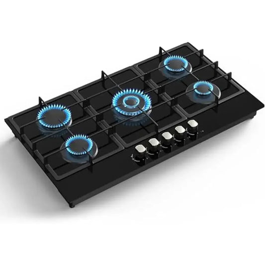 36" 5-Burner Gas Cooktop – Built-in Tempered Glass Stove, NG/LPG Dual Fuel, Auto Ignition, Stainless Steel
