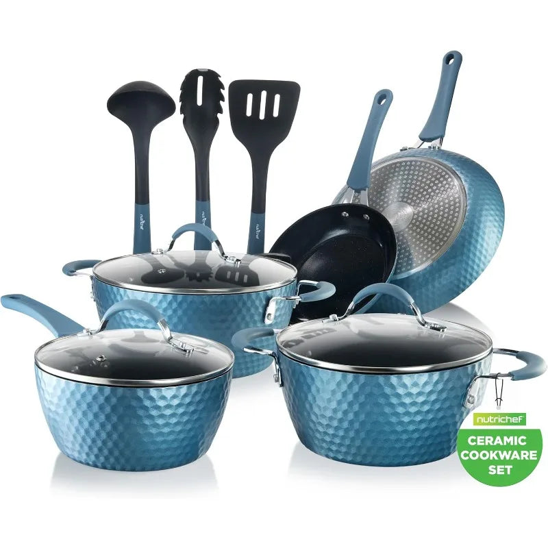 NutriChef 11-Piece Nonstick Cookware Set – Ceramic Coated Pots & Pans, Induction Ready, Royal Blue