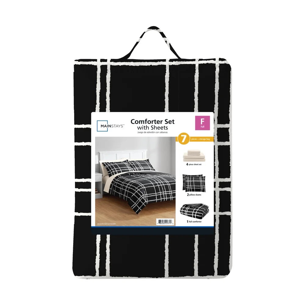 7-Piece Reversible Comforter Set – Black & White Checker Pattern, Full Size with Sheets, Shams & Storage Bag