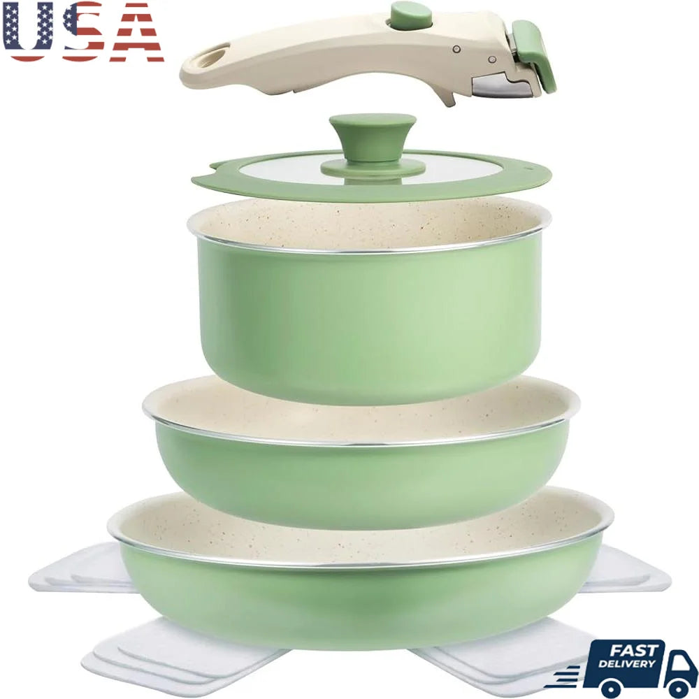 8-Piece Nonstick Induction Cookware Set – Granite Pots & Pans with Removable Handle, Stackable & Easy Clean