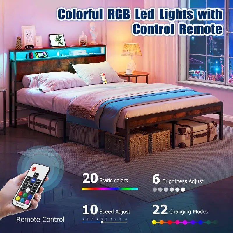 Full-Size Metal Bed Frame with Headboard & Footboard, LED Lights, Heavy-Duty Steel Slat Support