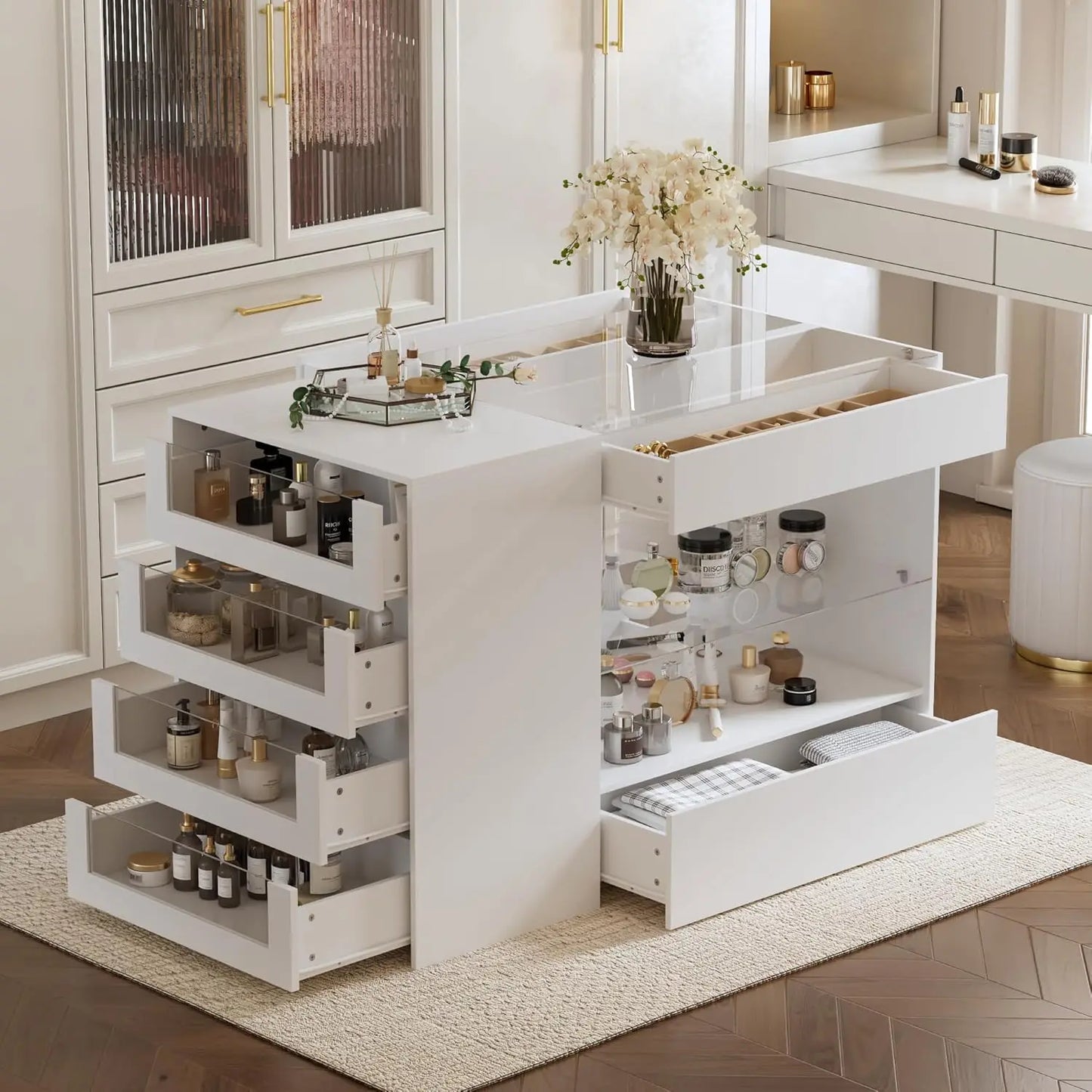 Closet Island with Glass Top & 8 Drawers – Jewelry Display Cabinet
