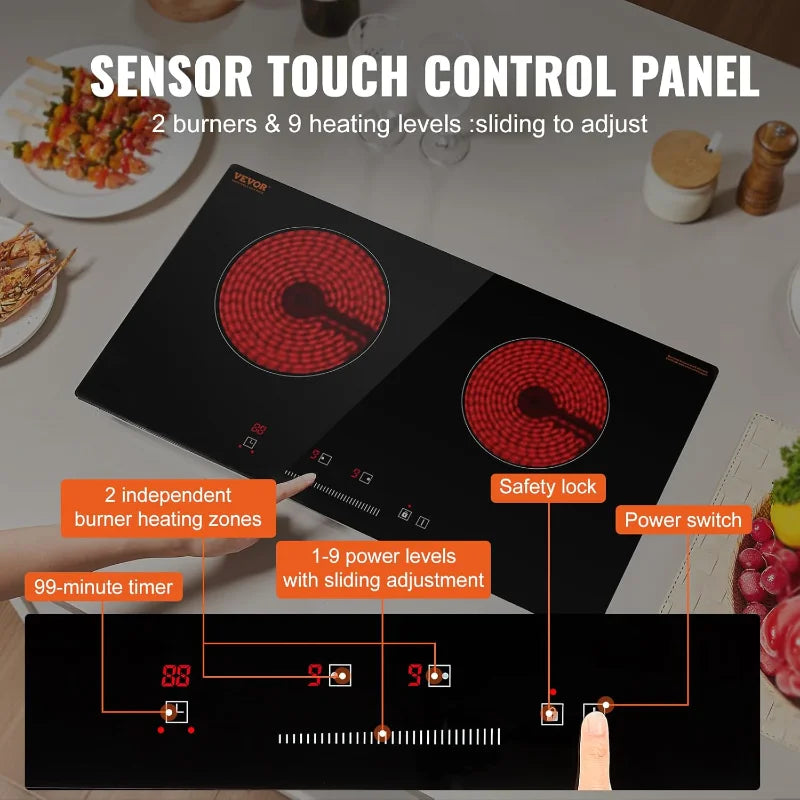 VEVOR 24" Electric Radiant Cooktop – 2-Burner Built-In Ceramic Glass Stove Top, 1800W