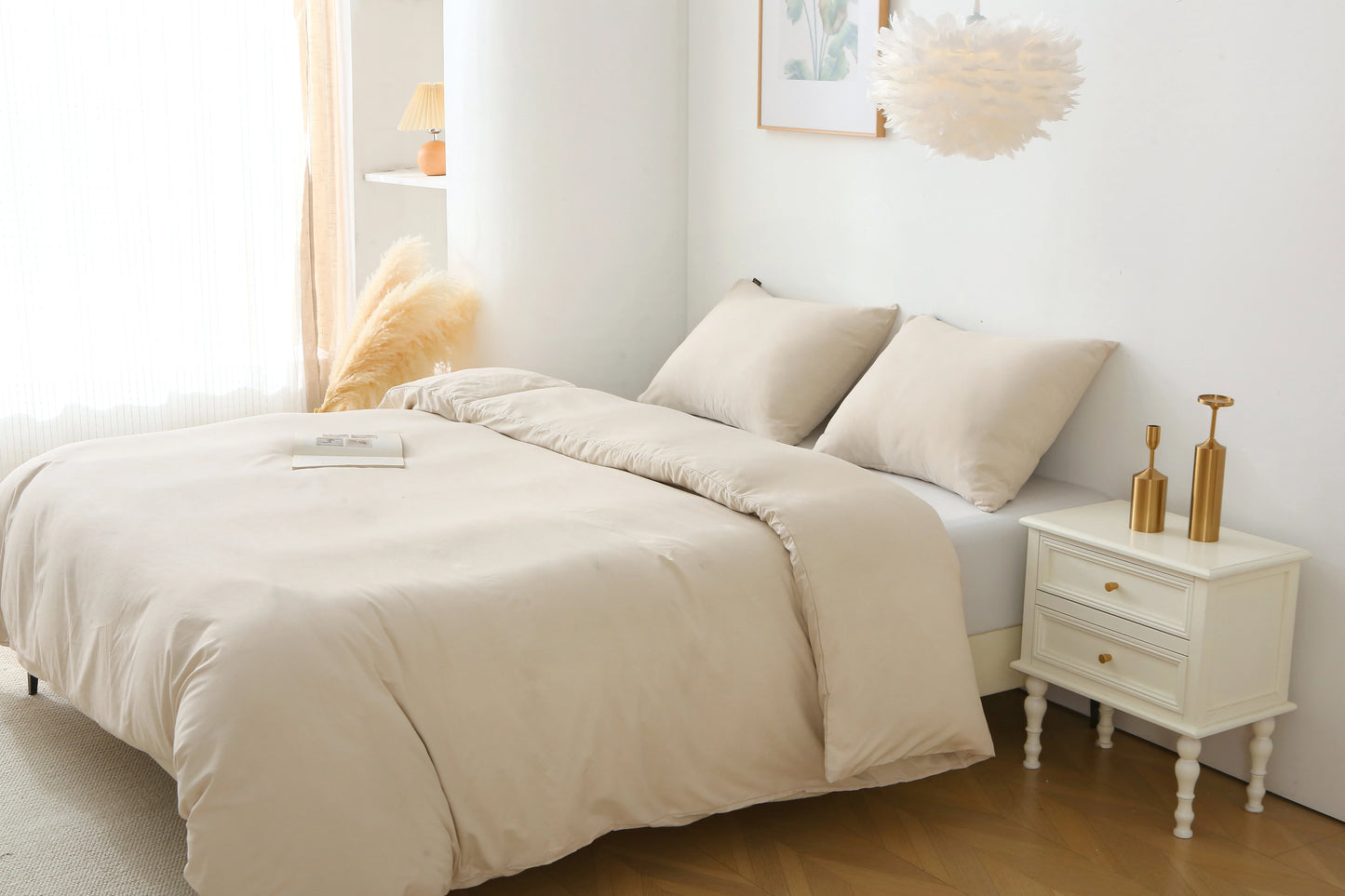 3 Pieces Solid Color Bedding Set with 1 Duvet Cover and 2 Pillow Shams, Comforter Not Included (King Size, Beige)