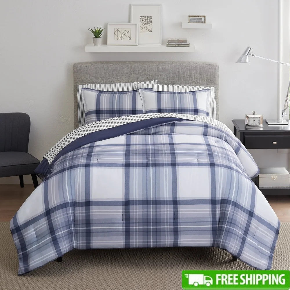 7-Piece Full Bed-in-a-Bag Comforter Set – Blue Plaid Pattern with Sheets, Antimicrobial & Hypoallergenic Polyester
