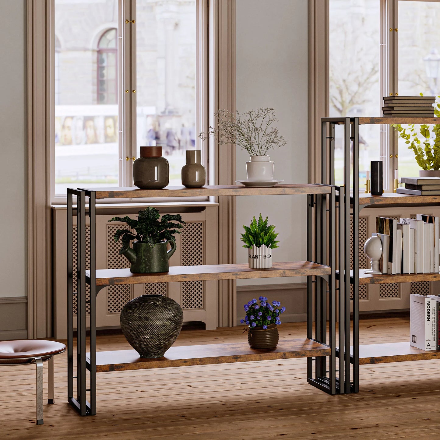 IRONCK Industrial 3-Shelf Bookcase – Wood Storage Shelf with Metal Frame, Vintage Brown