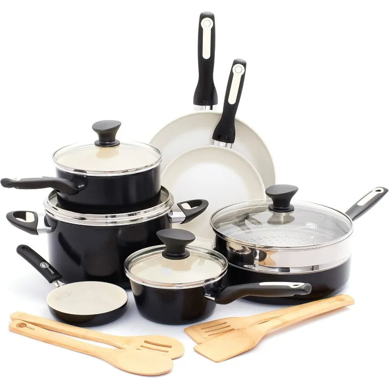 GreenPan Rio 16-Piece Cookware Set – Nonstick Pots & Pans with Frypans, Saucepans, Saute Pan, Stock Pot & Kitchen Tools, Dishwasher Safe, Black