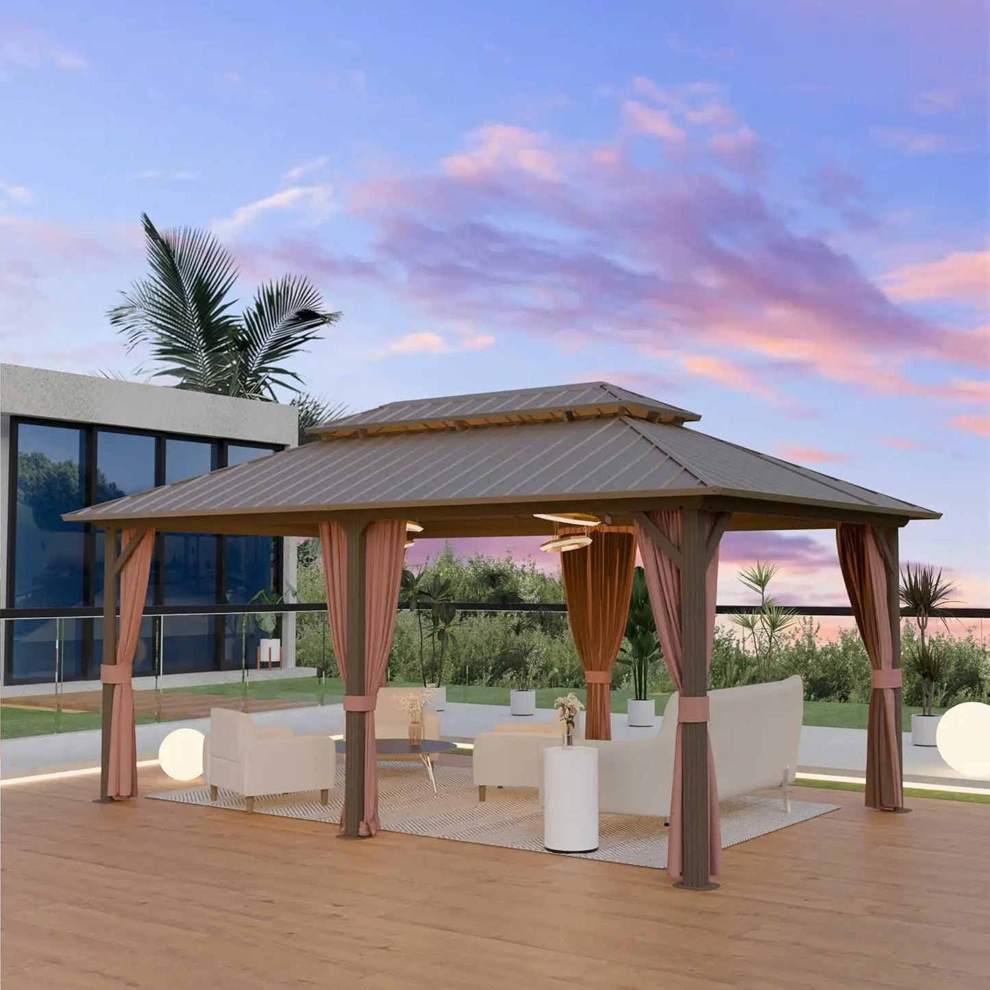 12'x16' Hardtop Gazebo with Aluminum Frame & Galvanized Steel Double Roof, Netting & Curtains