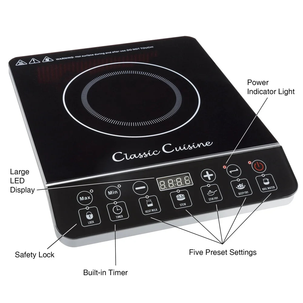 Portable Induction Cooker 1800W Electric Cooktop Burner – Safety Lock, Auto Shut-Off, 10 Power Settings, Compact Cooking Stove