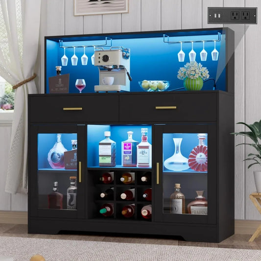 Wine Bar with Power Outlet – Black Liquor Cabinet with LED Lights, Coffee Bar & Built-In Wine Rack