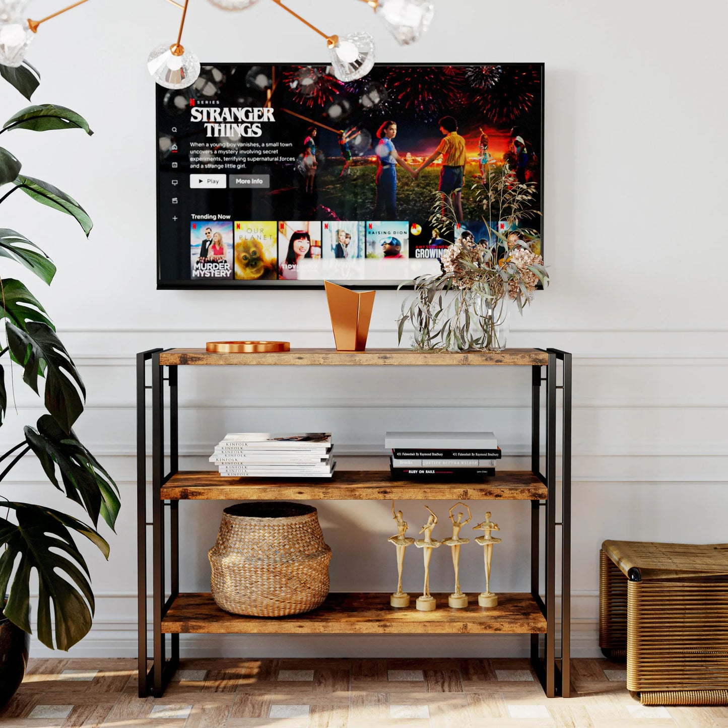 IRONCK Industrial 3-Shelf Bookcase – Wood Storage Shelf with Metal Frame, Vintage Brown