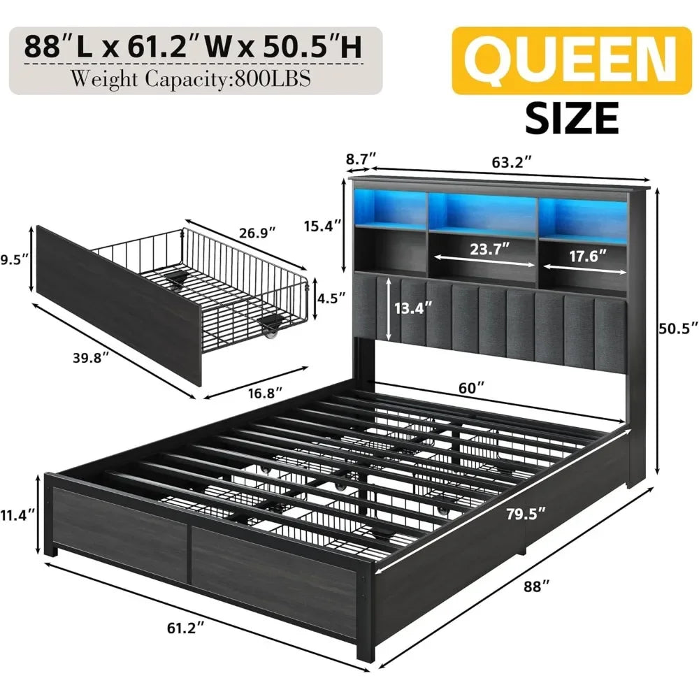 Queen Bed Frame with Storage Drawers, Bookcase Headboard, LED Lights & Charging Station – No Box Spring Needed