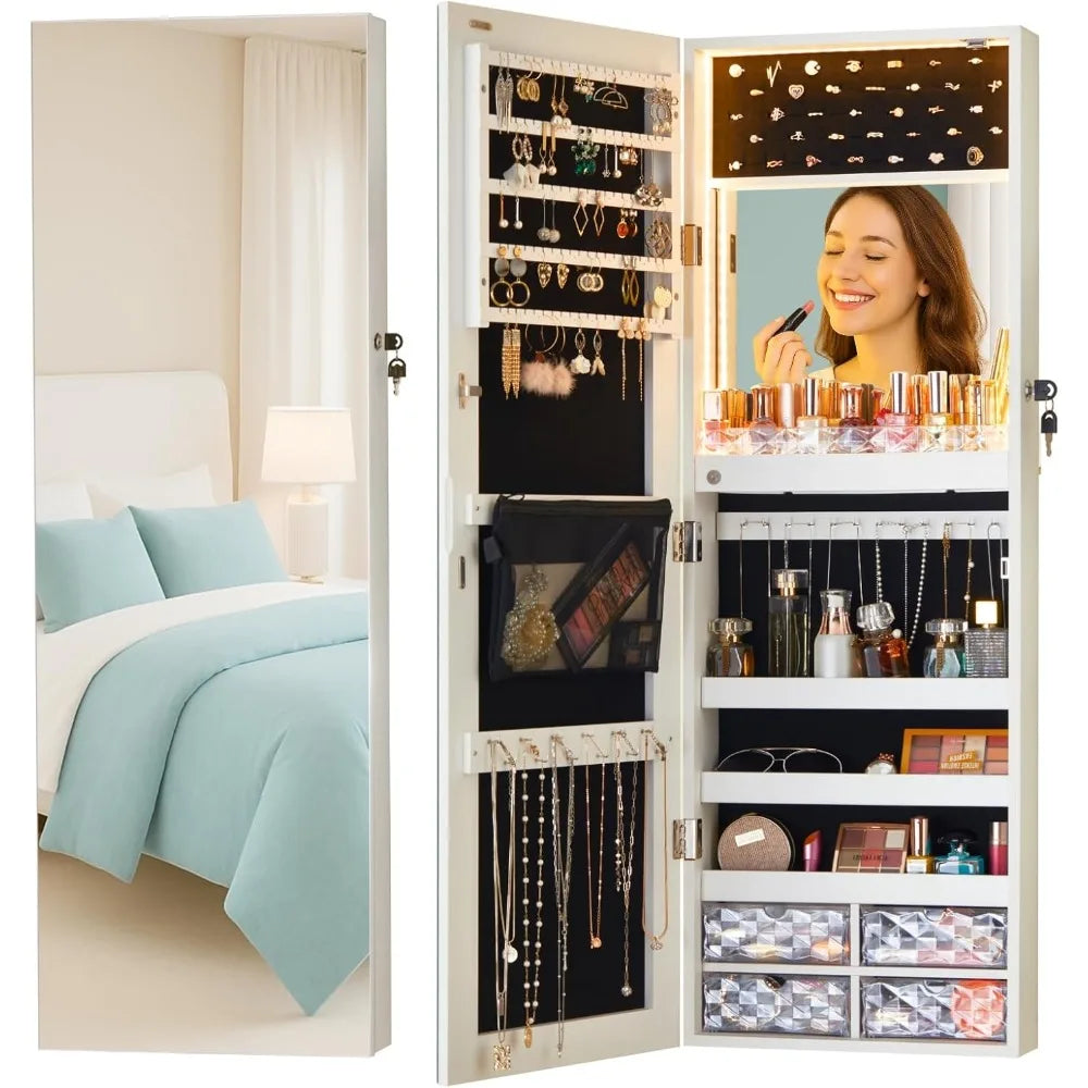 LED Mirror Jewelry Cabinet – Wall/Door Mounted Organizer with Lights