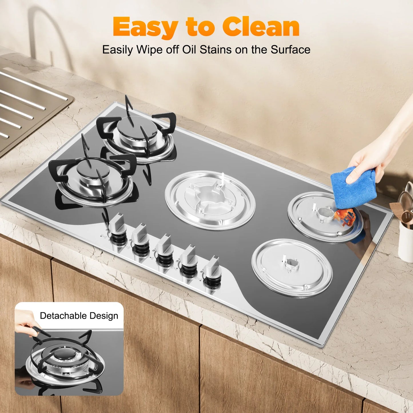 5-Burner Gas Cooktop – Built-in Tempered Glass Stove, Dual Fuel LPG/NG Countertop Cooker for Kitchen or RV