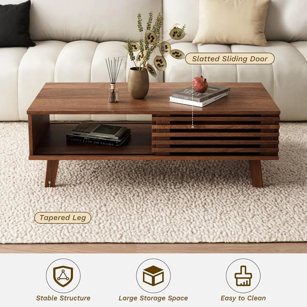 Mid-Century Modern Coffee Table – Walnut Finish with Storage & Sliding Fence Door