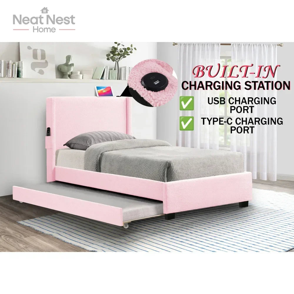 Pink Twin Size Bed Frame with Removable Trundle, USB Ports, No Box Spring Required