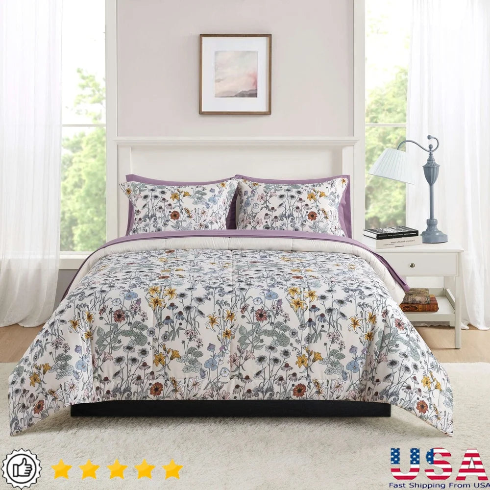 Piece Reversible Comforter Set with Sheets – Floral Print (King)