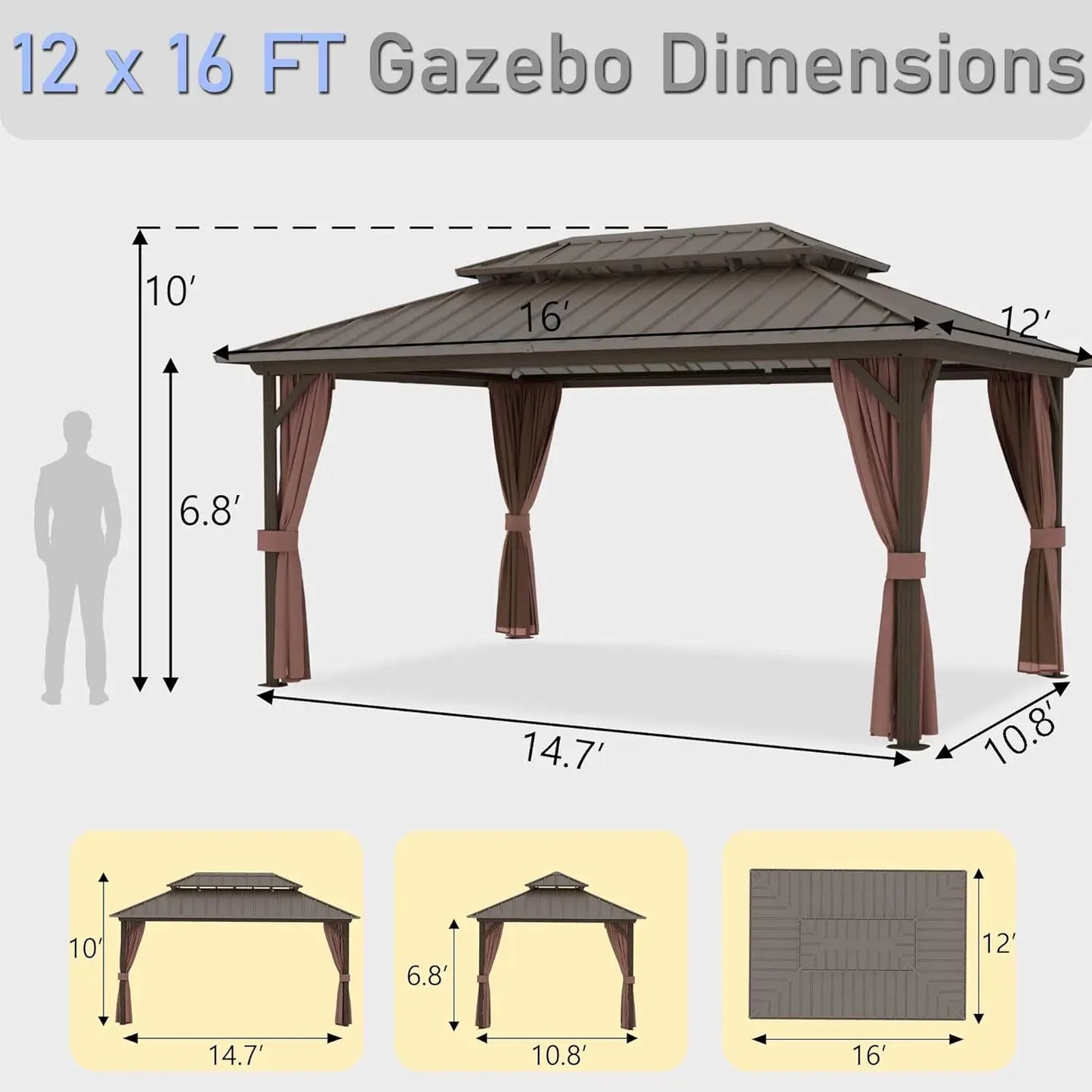 12'x16' Hardtop Gazebo with Aluminum Frame & Galvanized Steel Double Roof, Netting & Curtains