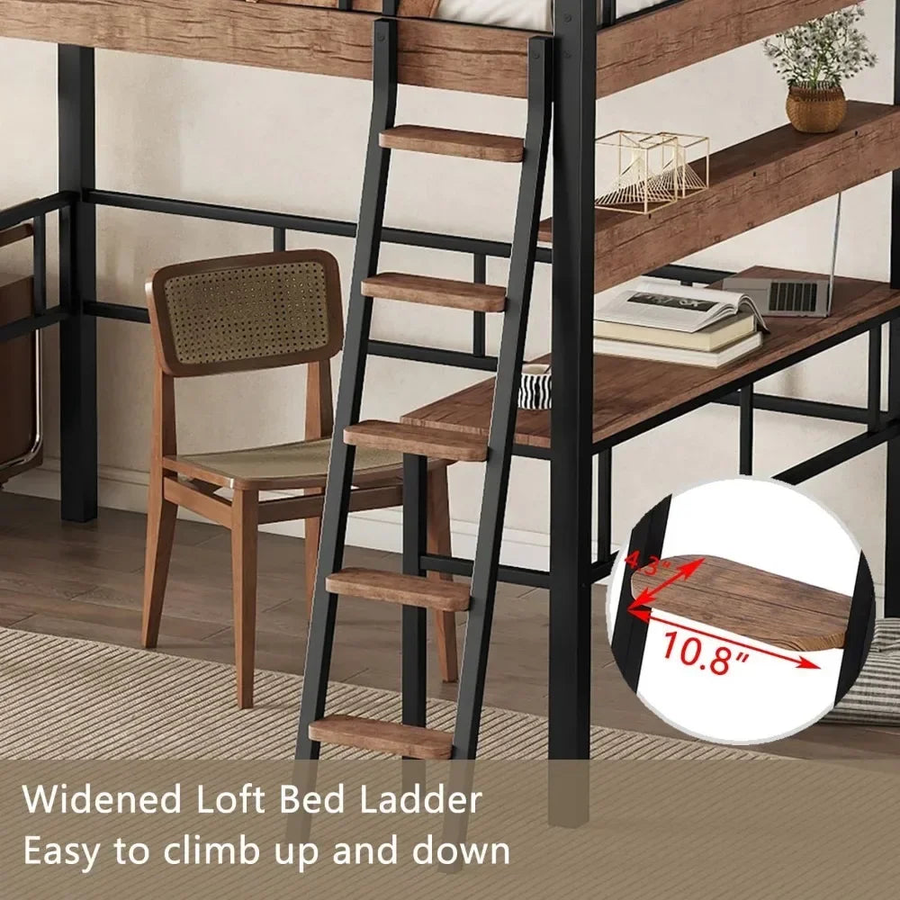 Full Size Metal Loft Bed with Desk, Storage Shelf, Built-in Ladder & Full-Length Guardrails