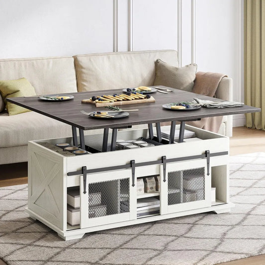 44" Farmhouse Lift Top Coffee Table – Storage with Sliding Barn Doors, 3-in-1 Multi-Function