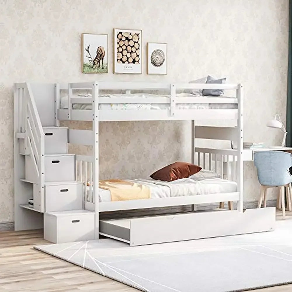 Solid Wood Twin Over Twin/Full Bunk Bed with Trundle, Storage Drawers & Staircase (Left-Side Access)