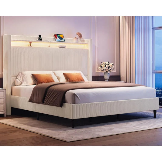 55.3" Corduroy Upholstered Platform Bed – Tall Headboard with LED Lights & USB Charging