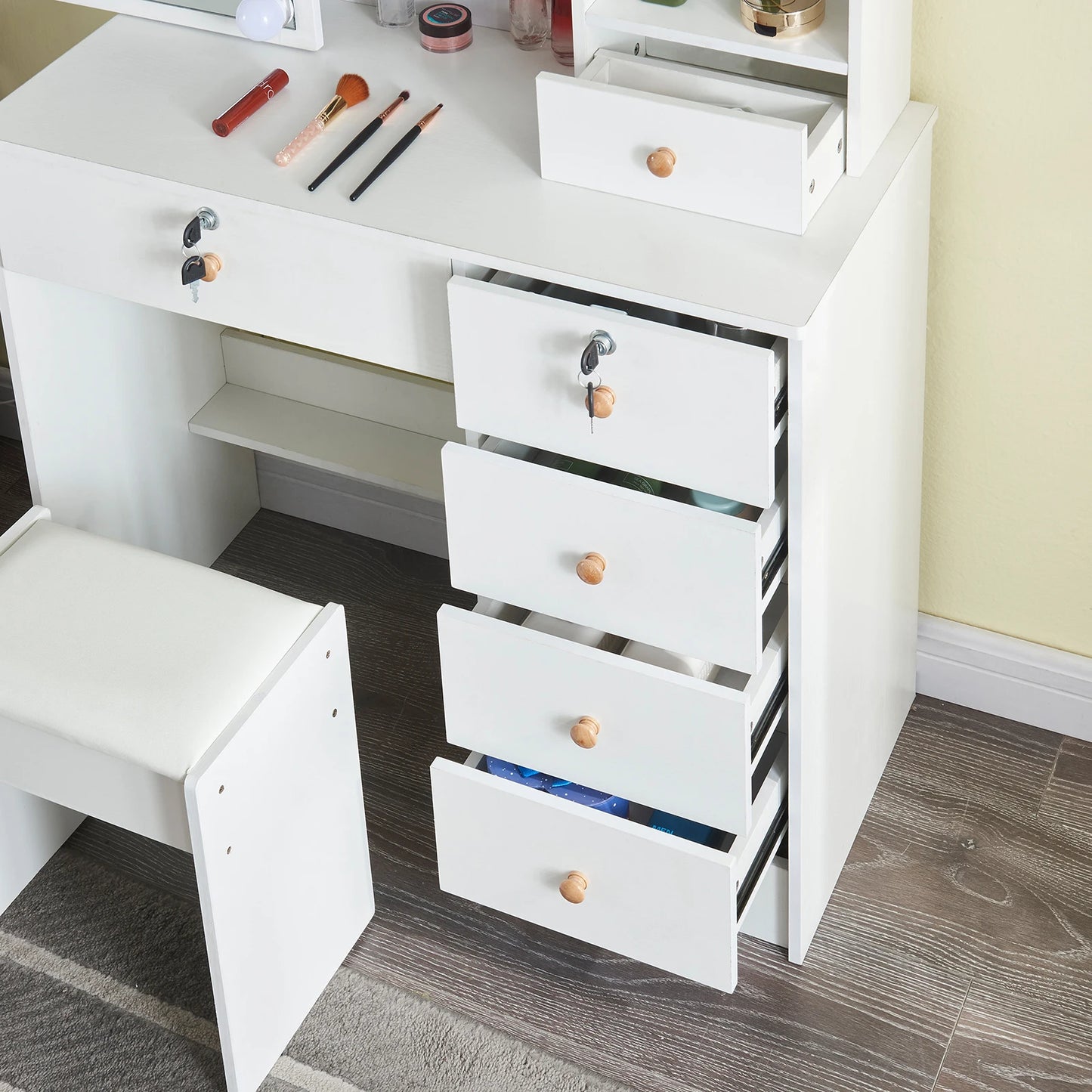 Makeup Vanity Table with Drawers & Stool – White Modern Desk Set