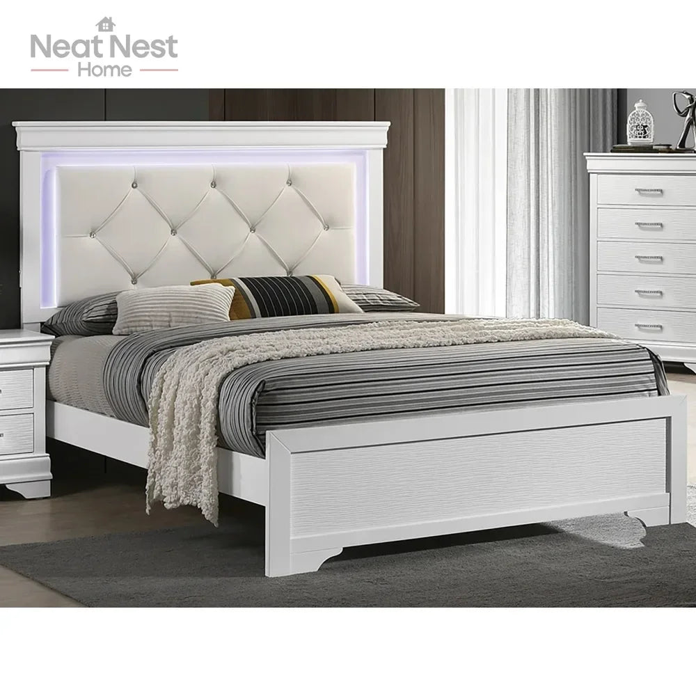 Queen Size White Faux Leather Bed Frame with Tufted LED Headboard & Solid Wood Base