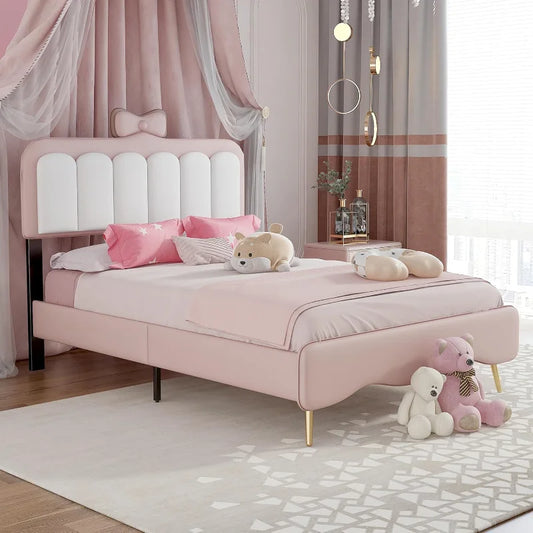 SOFTSEA Twin Princess Bed – Pink Velvet Upholstered Frame with Bow-Knot Headboard