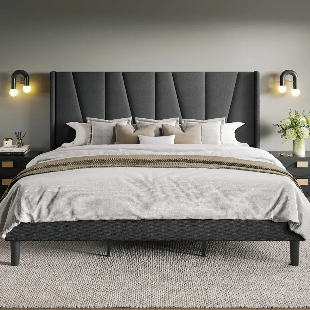 King Size Platform Bed with Geometric Wingback Headboard – Modern Upholstered Frame with Wood Slats