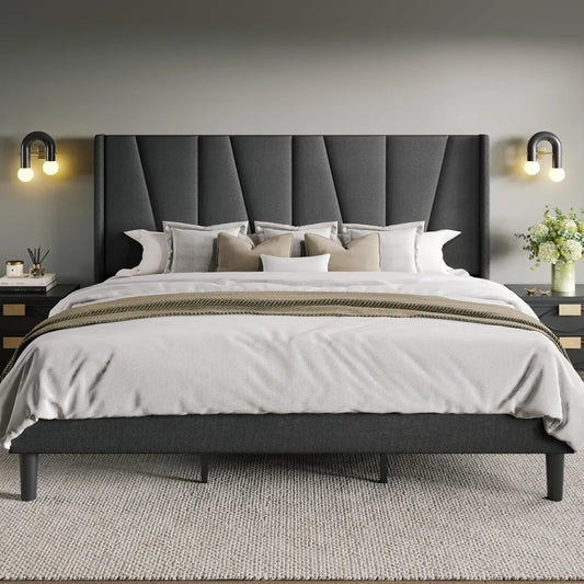 King Size Platform Bed with Geometric Wingback Headboard – Modern Upholstered Frame with Wood Slats